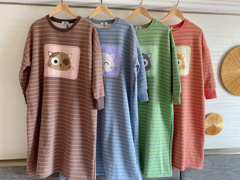 Female Long Sleeve Knit Cotton Nightgown Autumn Winter Thickened Fleece Warm Cartoon Outdoors Women Sleepwear Lady Loungewear