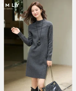 Alternative view of VIMLY Gray Dresses Woman Elegant 2025 Autumn Knitted Mock Neck Paneled Midi Lady Dress Straight Wool Blend Female Dresses 75187