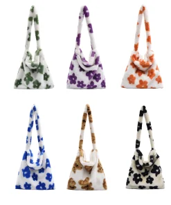 Women Cute Shoulder Bags Fluffy Flower Crossbody Bags Autumn Winter Plush Tote Handbag Large Capacity Fashion Messenger Bag