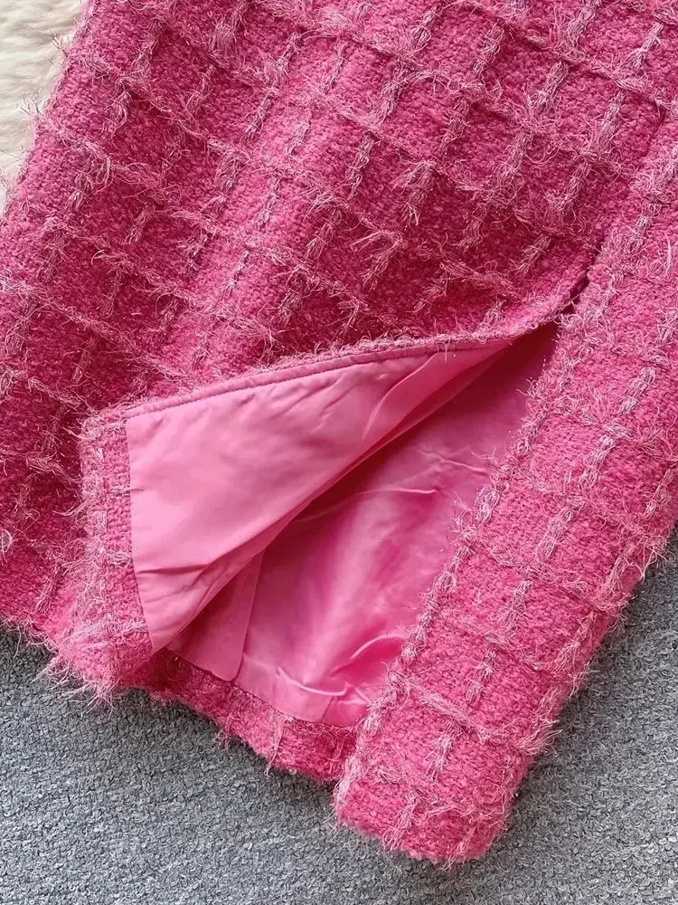 Autumn Winter Fashion Rose Red Woolen Two Piece Set Women Golden Button Chain Belt Tweed Short Jacket Coat+Split Midi Skirt Suit - Image 6