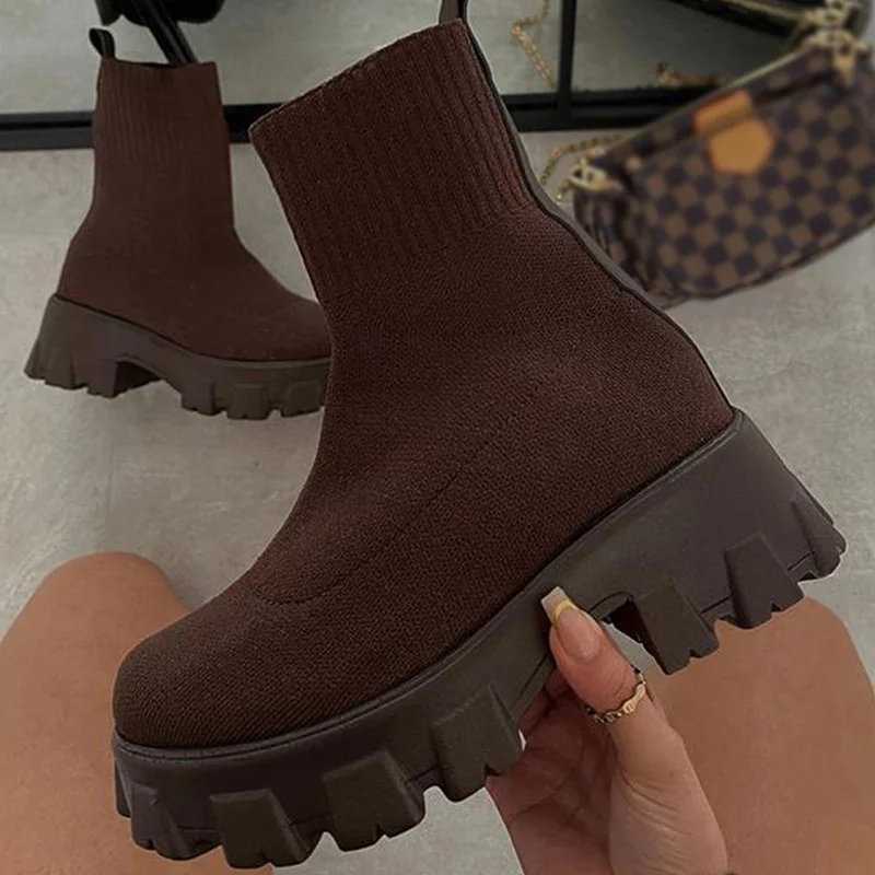 Women Boots Short Knitting Platform Boots Autumn Winter Shoes For Women Ankle Boots Heels White Winter Botas Mujer - Image 3