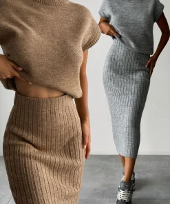 Hot Fashionable Commuting Round Neck Sleeveless Top Slim Elastic Skirt Autumn Winter Women's Suit Elegant Casual Sweater Suit
