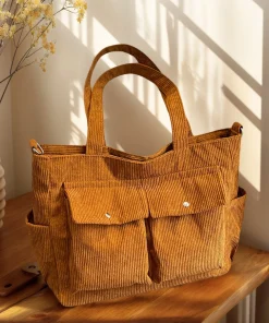 New Vintage Multi Pocket Corduroy Handbag Large Capacity Women's Shoulder Bag Casual Crossbody Bag For Women Commuting