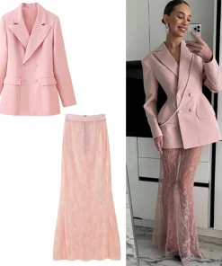 2025 Elegant Blazer Skirt Sets Women Two Piece Double Breasted Jacket Lace See Through Trousers Suits New Party Gown Set