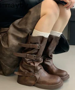Alternative view of Autumn Winter Vintage Woman Knight Knee High Boots Shoes Ladies Elegant Thick Low Heel Belt Buckle Western Cowboy Botas