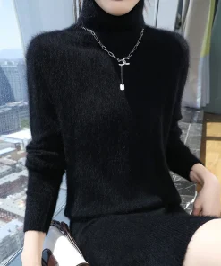 New hot selling 100% mink cashmere knitted women's high neck pullover dress sweater slim fit solid color long women's dress