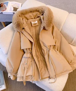 Alternative view of Fleece Lined Hood Down Jacket Winter Coat for Women Warm Drawstring Padded Parkas Korean Casual Streetwear Female Puffer Outwear