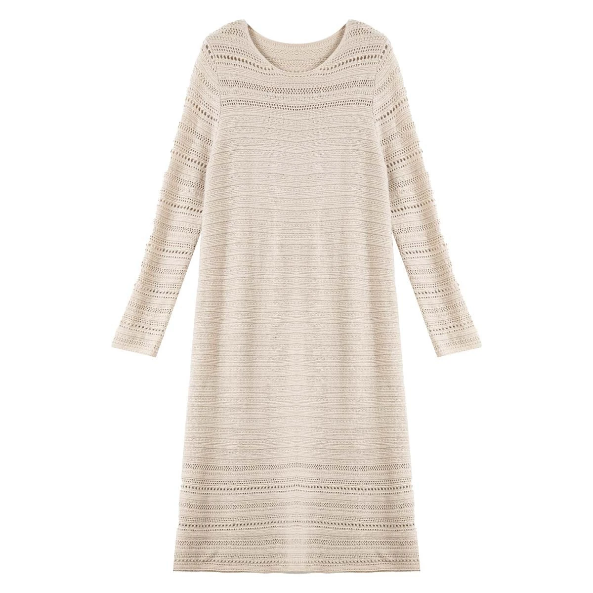 VIMLY Oatmeal Long Dress Woman Autumn 2025 Elegant Hollow Out Knitted Beach Style Dresses Round Neck Straight Ladies Dress 75211 - Image 6