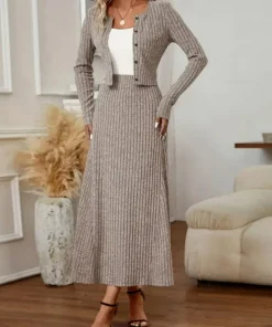 Alternative view of Elegant women's woolen dress set, autumn and winter half length skirt and cardigan set, 2-piece set, knitted matching set