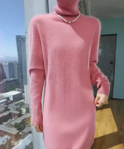 TLOML Women 100% Mink Cashmere Dress Turtleneck Pullover Casual Style Autumn Winter Slim Soft Warm Cashmere Knitted Short Dress