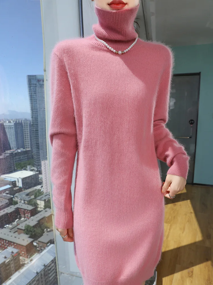 TLOML Women 100% Mink Cashmere Dress Turtleneck Pullover Casual Style Autumn Winter Slim Soft Warm Cashmere Knitted Short Dress