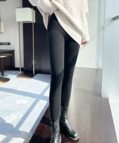 Alternative view of Slim Leggings Autumn Women High Waist Casual Trousers Knitted Ribbed Thicken Solid Elasticity Thermal Ankle-Length Leggins