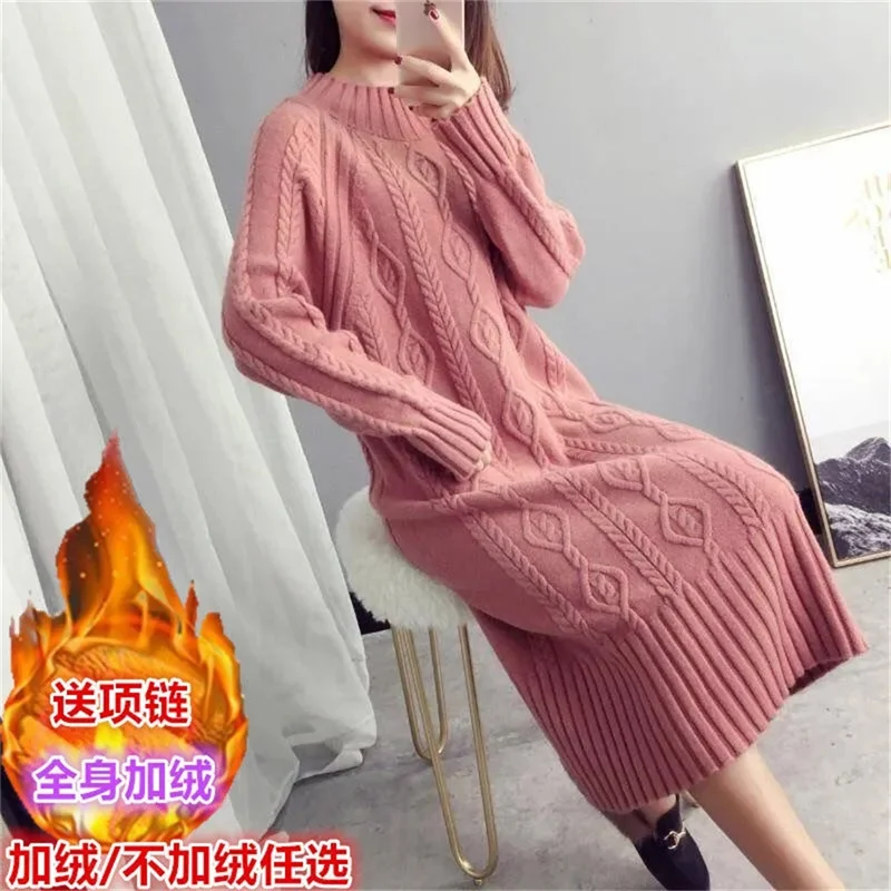 Khaki Thickened Sweater Women's Half High Neck Autumn And Winter New 2023 Korean Fashion Loose And Thin Knit Dress Long Female