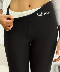 Winter Women Warm Leggings Plush Lined Thermal Pants Thickened Letter Embroidery Slim Elastic Tights