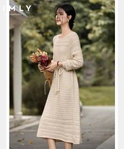 Alternative view of VIMLY Oatmeal Long Dress Woman Autumn 2025 Elegant Hollow Out Knitted Beach Style Dresses Round Neck Straight Ladies Dress 75211