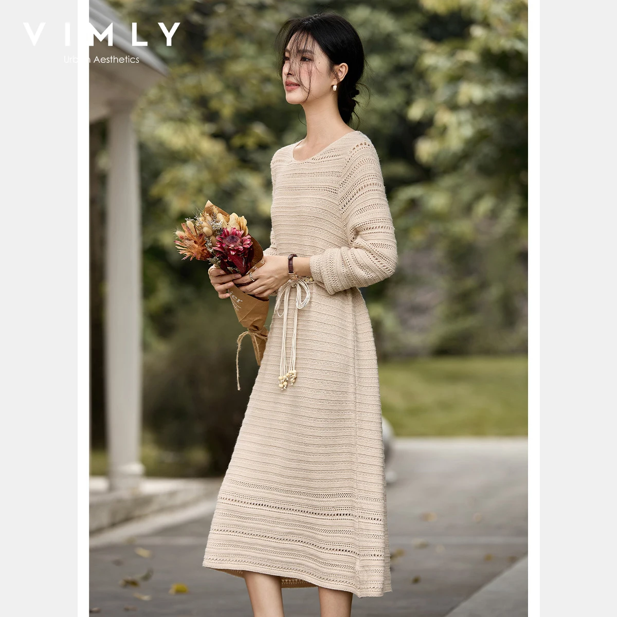 VIMLY Oatmeal Long Dress Woman Autumn 2025 Elegant Hollow Out Knitted Beach Style Dresses Round Neck Straight Ladies Dress 75211 - Image 2