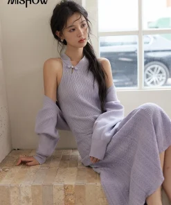 MISHOW Knit Dress Set Women Slim New Chinese Knit Long Dress 2024 Fall New Gentle Elegant Knit Long Sleeve Cardigan MXD48T0436