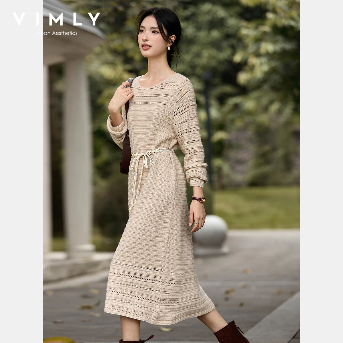 VIMLY Oatmeal Long Dress Woman Autumn 2025 Elegant Hollow Out Knitted Beach Style Dresses Round Neck Straight Ladies Dress 75211 - Image 4