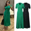 YuooMuoo Brand Fashion Vintage Turn-down Collar Knit Maxi Dress Elegant Single-breasted A-line Long Shirt Dress Lady Vestidos