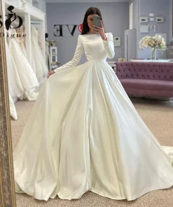 SoDigne Conservative Wedding dress Satin Wedding Dresses Full Sleeve Muslim Bridal Gown Modest Long Wedding Gown Customized