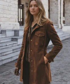 Alternative view of Women's brown vintage suede windbreaker: notch collar mid length jacket, button and zipper closure, patch pocket, vintage trend