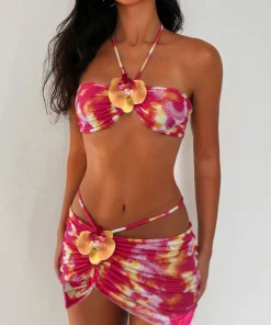 with Mesh Skirt 3D Flowers Halter Bandeau Bikini Women Swimsuit Female Swimwear Three-pieces Bikini Set Bathing Suit Beachwear