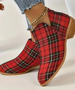 Alternative view of Ankle Boots Women's Christmas Plaid Print Zipper Retro Red Plaid Chelsea Boots Outdoor Platform Shoes Classic Side Booties