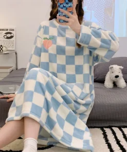 Ladies Nightwear Nightdress Autumn and Winter Coral Velvet Long Sleeve Plaid Dress Striped Student Flannel Dress Large Size