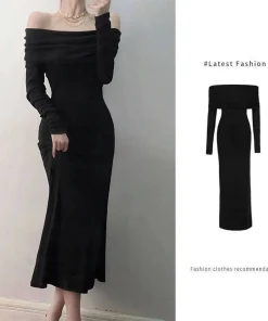 Elegant Off Shoulder Maxi Dress Bodycon Sweater Dress Solid Color Long Sleeve Knitted Party Dresses