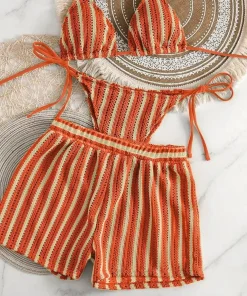 2026 new style boxer shorts mesh three-piece women's swimsuit neck lace-up bikini set