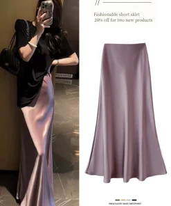 Alternative view of High waisted slimming mid length satin acetate silk smooth half skirt 2024 spring/summer new wrap buttocks fishtail A-line long