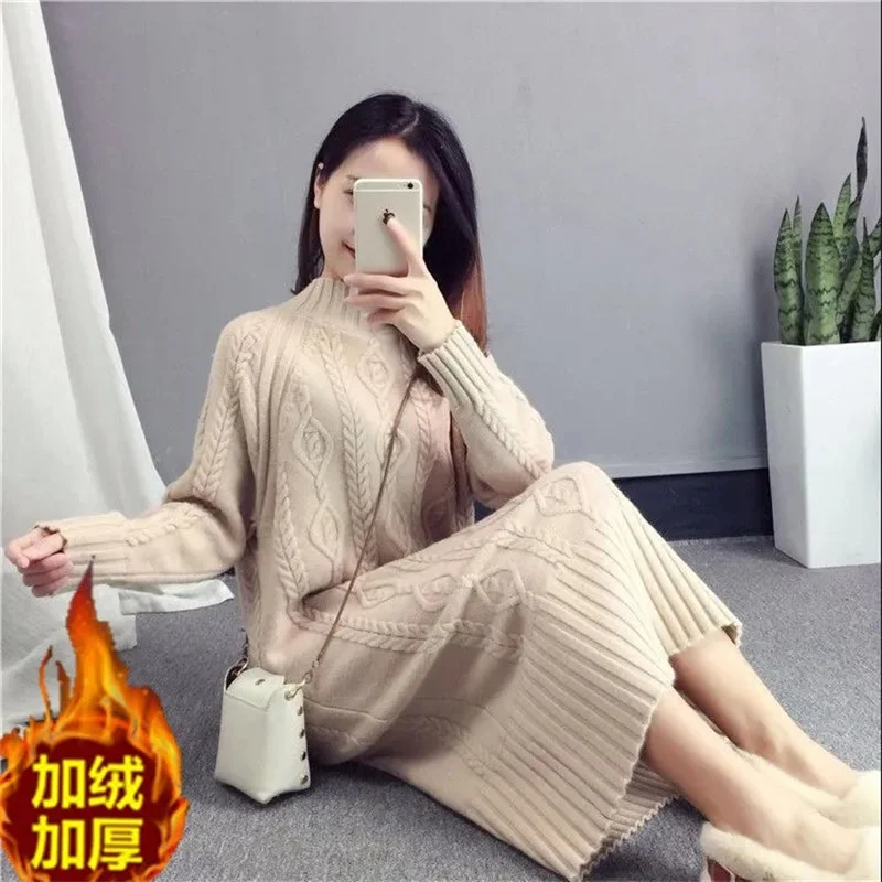 Khaki Thickened Sweater Women's Half High Neck Autumn And Winter New 2023 Korean Fashion Loose And Thin Knit Dress Long Female - Image 6