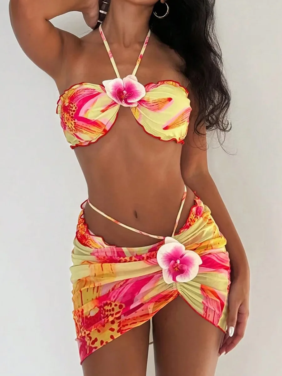 with Mesh Skirt 3D Flowers Halter Bandeau Bikini Women Swimsuit Female Swimwear Three-pieces Bikini Set Bathing Suit Beachwear - Image 2