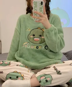 Large Size Thickened Warm Sleepwear for Winter Flannel Women Nightwear Homewear Ladies Cartoon Pajamas Loungewear Two-Piece Suit