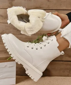 Alternative view of Winter Warm Short Plush Ankle Boots Women Fashion Zip Lace Up Platform Combat Boots Woman Comfy Low Heels Pu Leather Botas Mujer