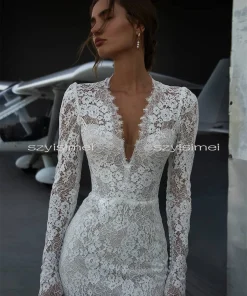 Alternative view of Modern V Neck Mermaid Wedding Dress Sweep Train Long Sleeves Bridal Dresses Customized свадебное платье