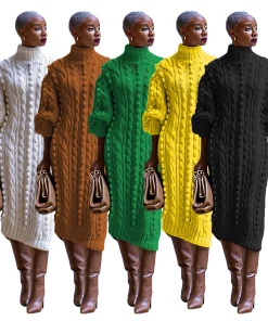 Turtleneck Knitted Jumpers Dress Long Sleeve Ankle Length Casual Dresses Loose Fit Spliced Vestidos Straight Solid Pullover