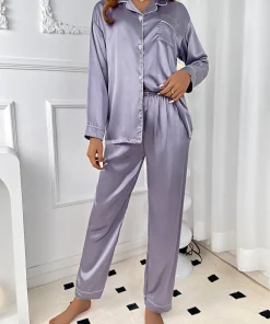 Alternative view of Ladies' autumn and winter solid color imitation silk comfortable and elegant purple pajamas women's long sleeved home suit set