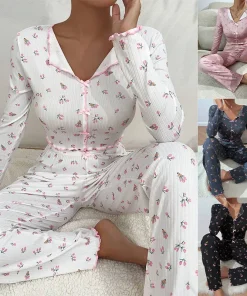 Autumn Winter Floral Print Pajamas Set for Women Sleepwear Long Sleeve Top and Long Pants 2 Piece Casual Homewear Loungewear