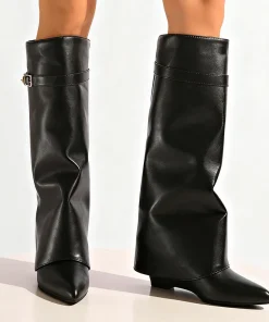 Alternative view of Black Pu Leather Knee High Boots Women Sexy Pointed Toe Straight Leg Boots Woman Punk Style Wedge High Heels Long Botas Mujer
