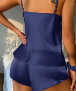 Alternative view of Women Sexy Satin Lace Camisole and Panty Set - SolidColor V-Neck Sleepwear with Contrast Lace DetailElegant Home Wear for Adults