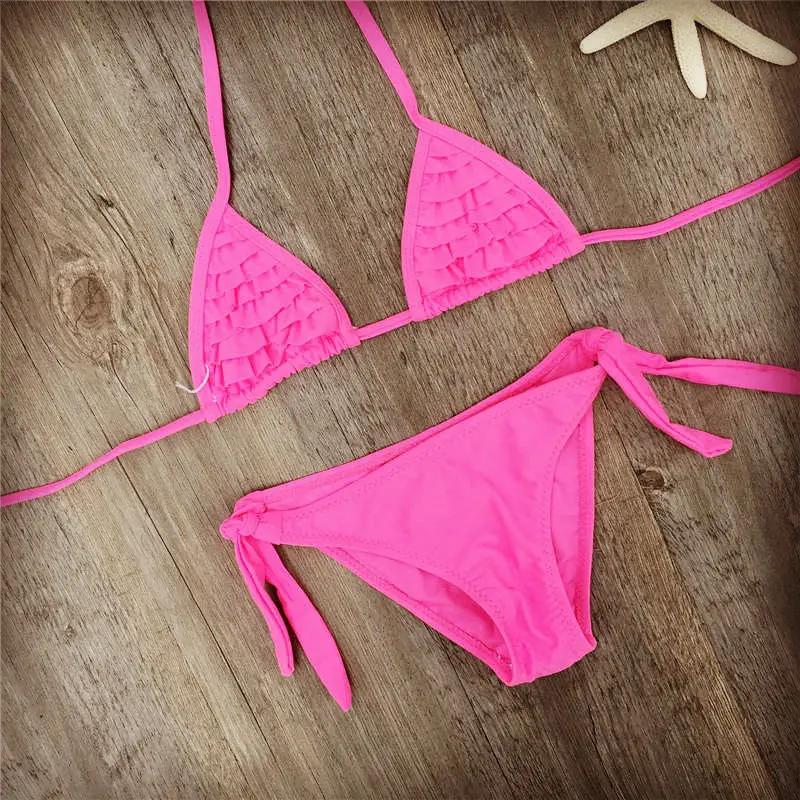 4 Color Brand 2023 Summer Girls Swimwear Soild Baby Kids Swimwear Biquini Infantil Swimsuits Falbala Bikini Girl For 6-14years - Image 4