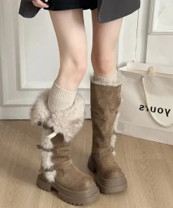 Alternative view of Winter Platform Thick Bottom Fur Lining Woman Knight High Boots Fashion Belt Buckle Stripper Party Shoes Female Long Booties
