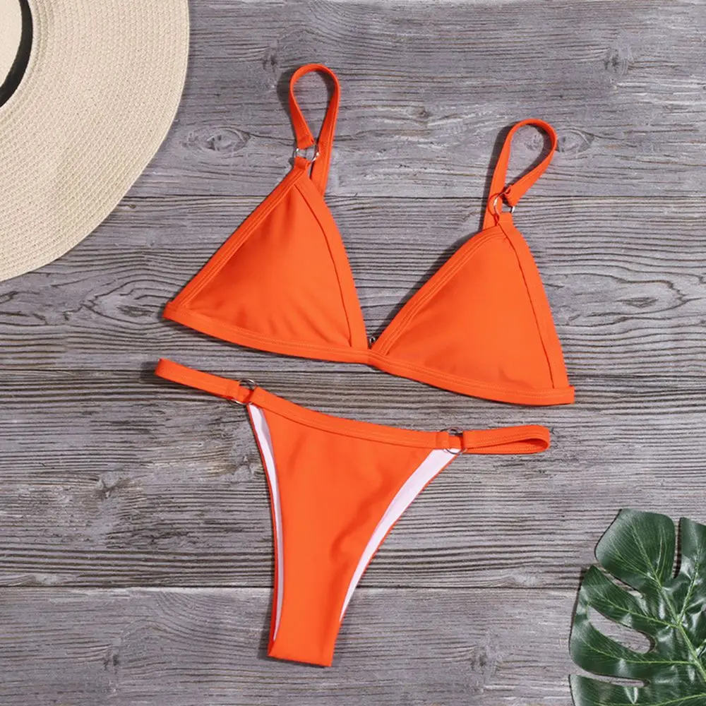 Vacation Woman Girl Solid Color Metal Buckle Sling Backless Split Swimwear Bikini Set Two Piece Swimsuit - Image 4