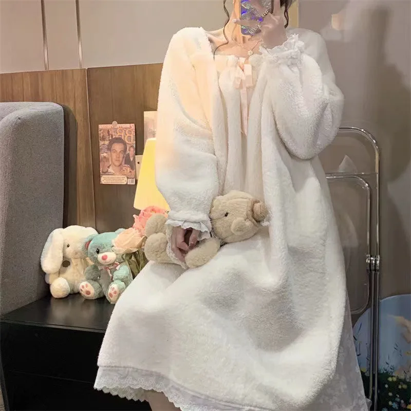 Thickened Warm Coral Velvet Nightgown Female Autumn and Winter One-Piece Pajamas Student Homewear Solid Sleepwear Loungewear - Image 3