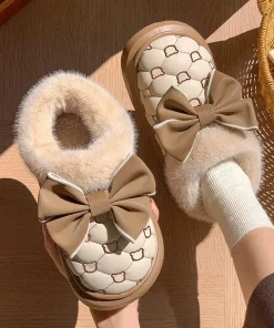 Platform Ankle Boots Female Bowknot Designer Winter Snow Booties Indoor Fluffy Slippers Women House Flats Fashion Footwear Warm