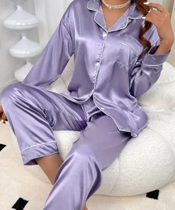Ladies' autumn and winter solid color imitation silk comfortable and elegant purple pajamas women's long sleeved home suit set