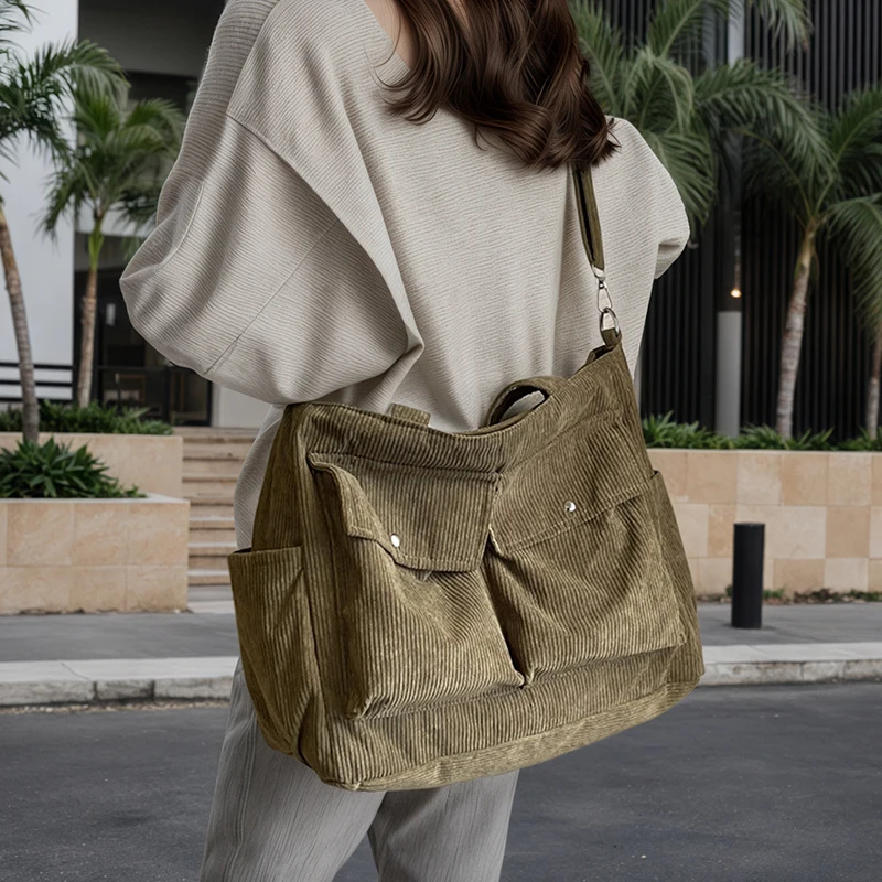 New Vintage Multi Pocket Corduroy Handbag Large Capacity Women's Shoulder Bag Casual Crossbody Bag For Women Commuting - Image 4