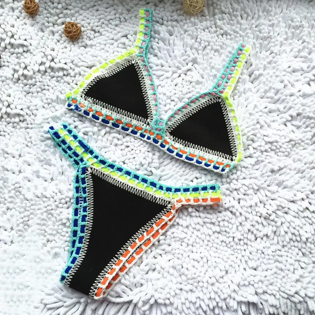 2 Pcs/Set Summer Bikini Set Bathing Suit Bright Color Patchwork Beachwear Handmade Crochet Women Swimsuit for Beach - Image 5