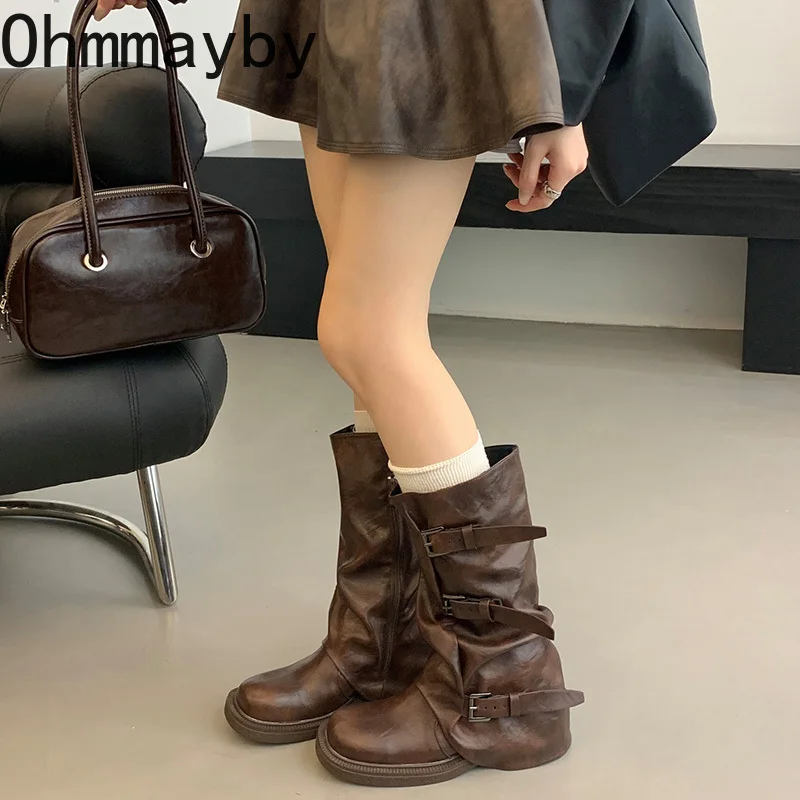 Autumn Winter Vintage Woman Knight Knee High Boots Shoes Ladies Elegant Thick Low Heel Belt Buckle Western Cowboy Botas - Image 3